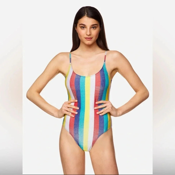 Benetton One-Piece Printed Swimsuit with Lurex Multi Color Stripes Swimwear - Picture 11 of 11